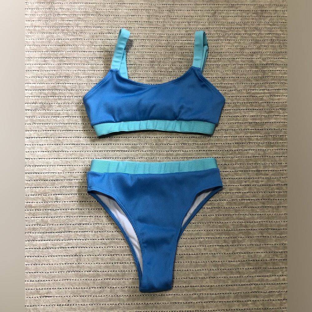 Women's Blue Two-Piece Ribbed Bikini with Mint Trim